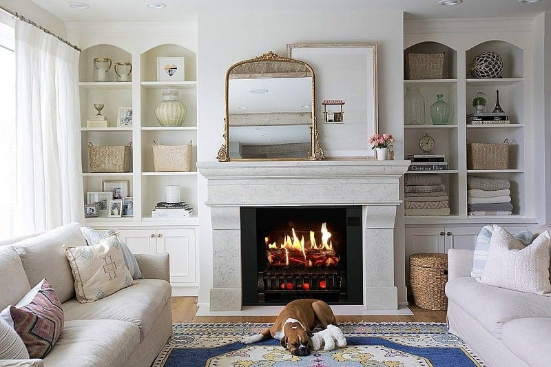 White fireplace with shelves